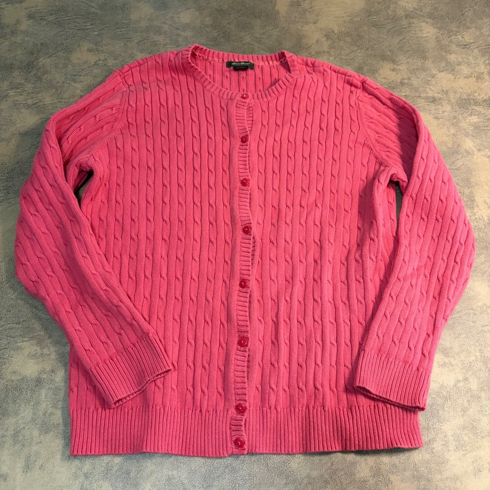 Eddie Bauer Cardigan Women XL Pink Cable Knit Cotton Blend Button Front Sweater